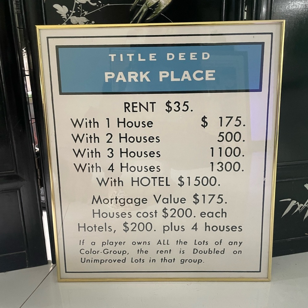 Rare Vintage MONOPOLY Game Poster Park Place Title Deed c. 1970